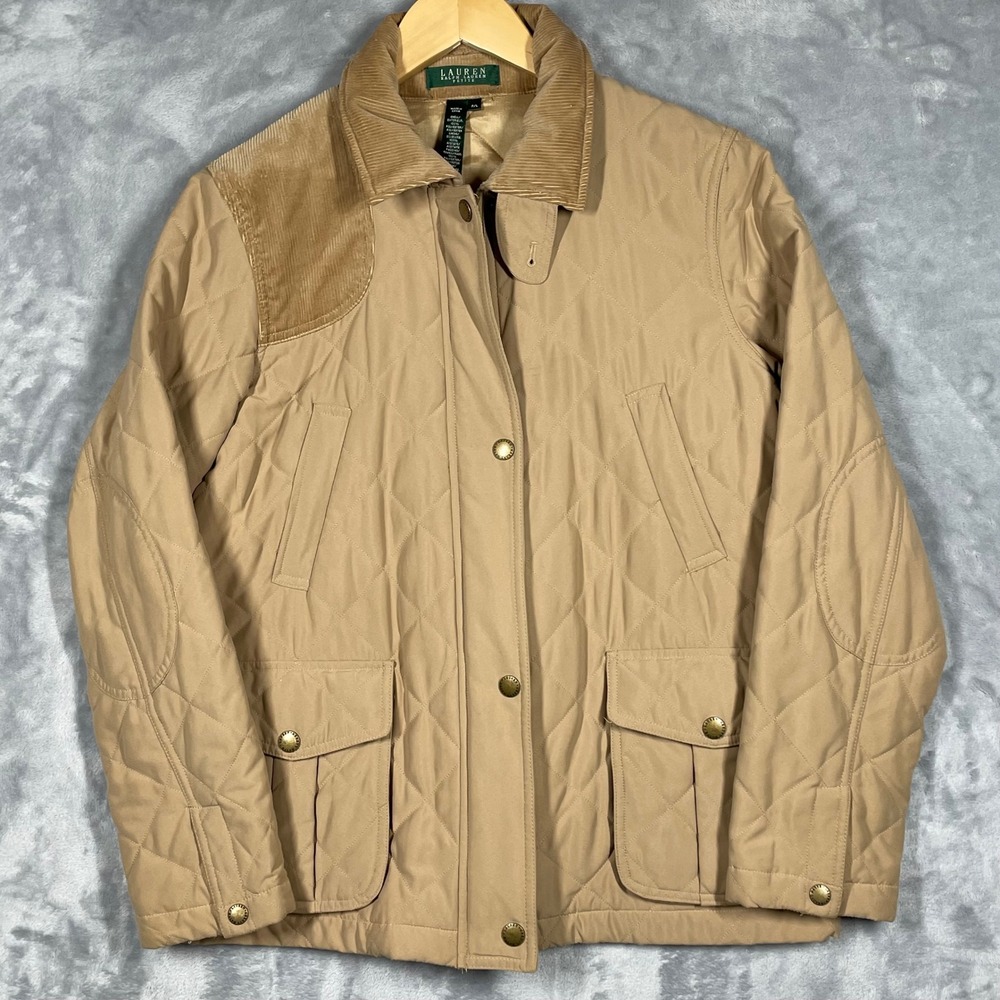 Lauren Ralph Lauren Tan Quilted Barn Jacket Corduroy Trim Petite Large P/L